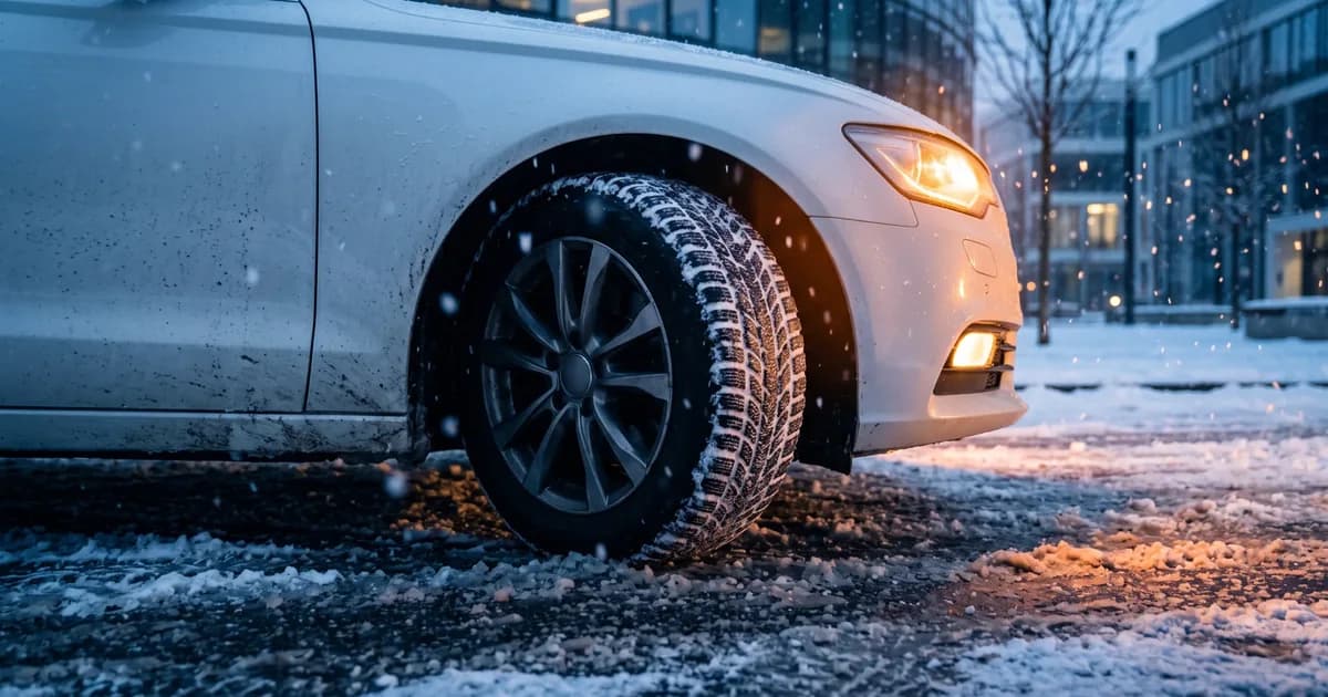 Switching to winter tires: a car wheel with a winter tire on a snowy road