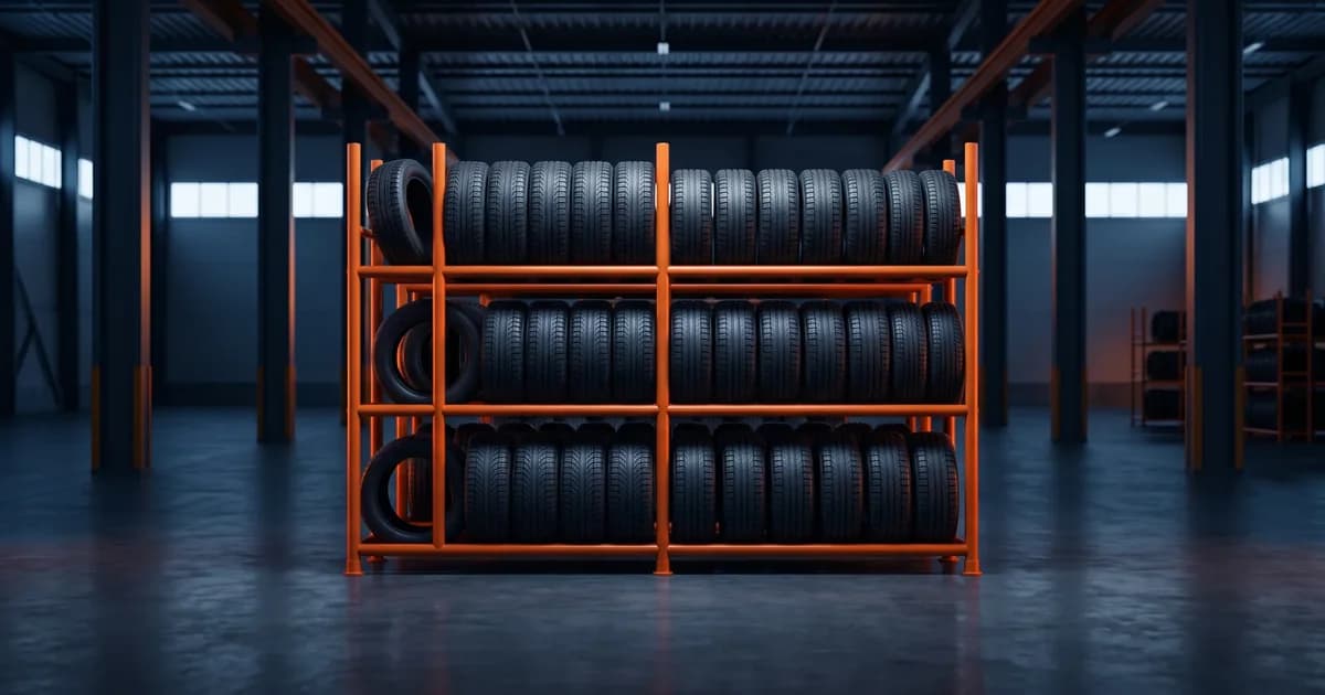 Proper tire storage: tires neatly stacked on a tubular rack