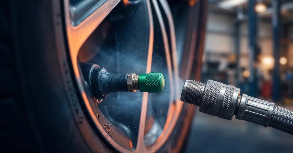 Nitrogen vs air in tires: a valve stem and a nitrogen inflation hose