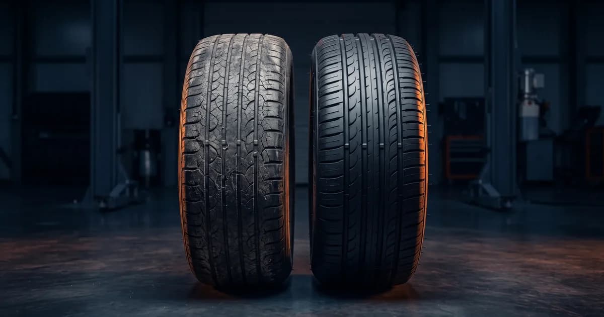 Tire age and DOT code: an old cracked tire next to a new tire