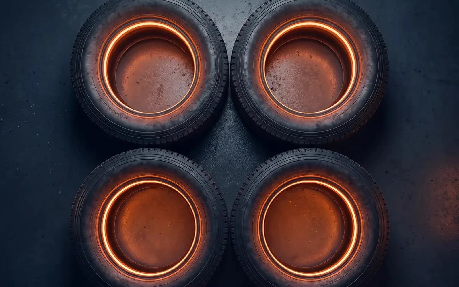 Four tires arranged two by two on a dark floor, seen from above, each one outlined by an orange rim light