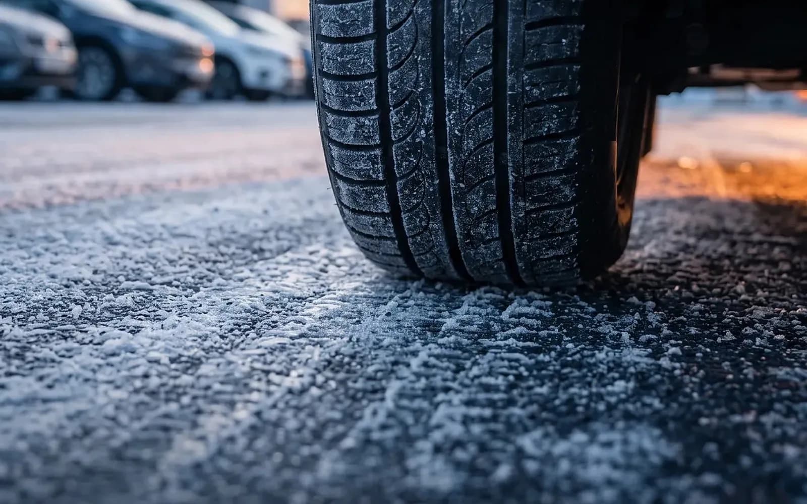 Buz kristalleri ve kırağıyla kaplı bir yol yüzeyinde duran yaz lastiği; soğuk ve uyarıcı bir atmosfer