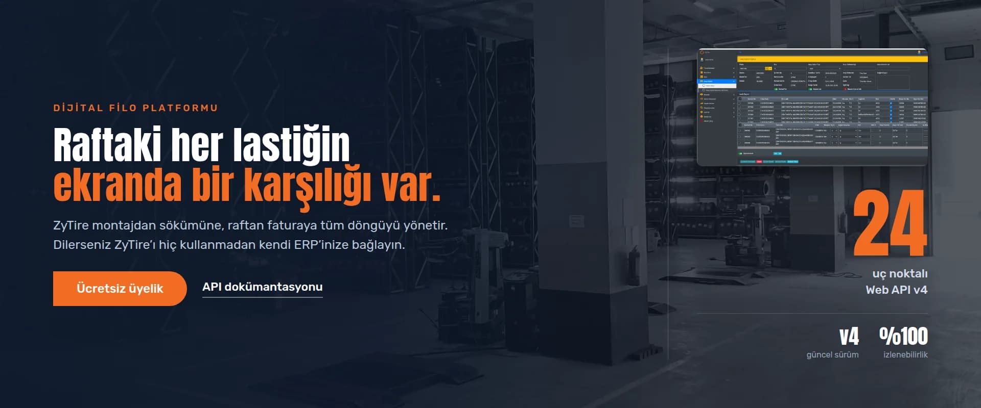 ZyTire filo lastik yönetim yazılımı ekranı ve Checklas lastik oteli rafları