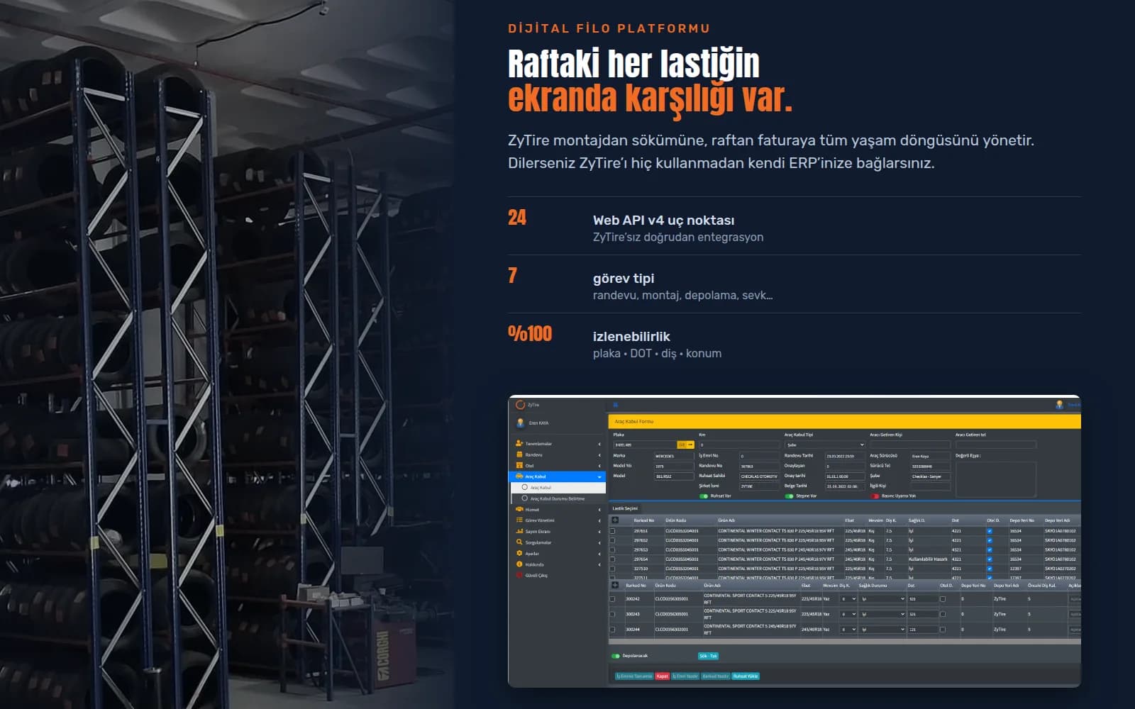 ZyTire fleet tire management software screen and Checklas tire hotel racks