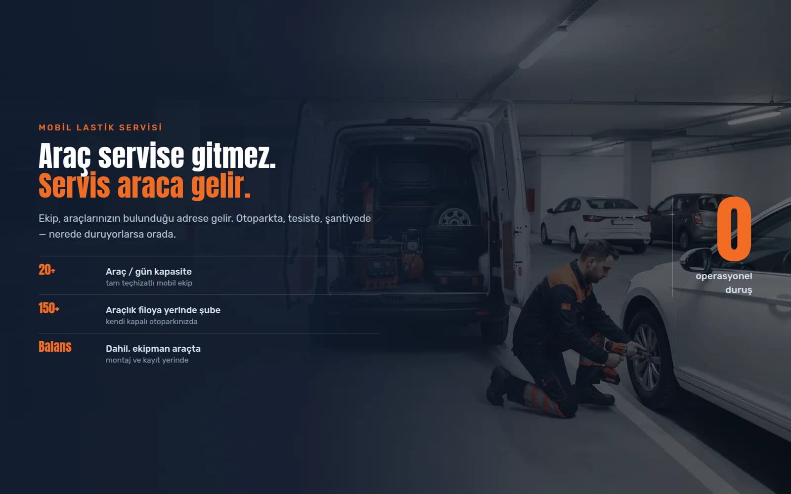 Checklas technician changing a fleet vehicle's tire next to the mobile service van in a corporate parking lot