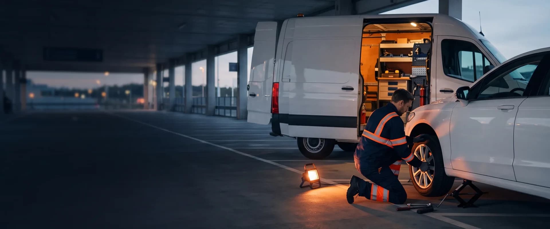 Mobile tire service: a technician changing a corporate fleet car's tire on site