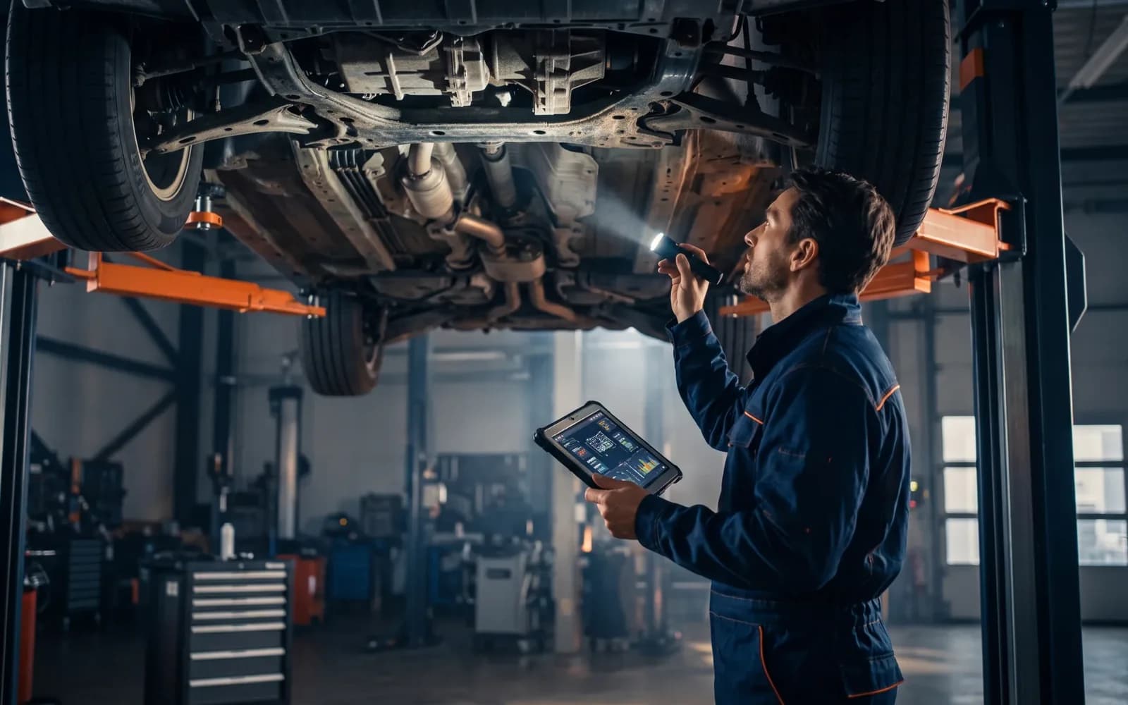 Vehicle inspection organisation: underbody check with a tablet on a lift