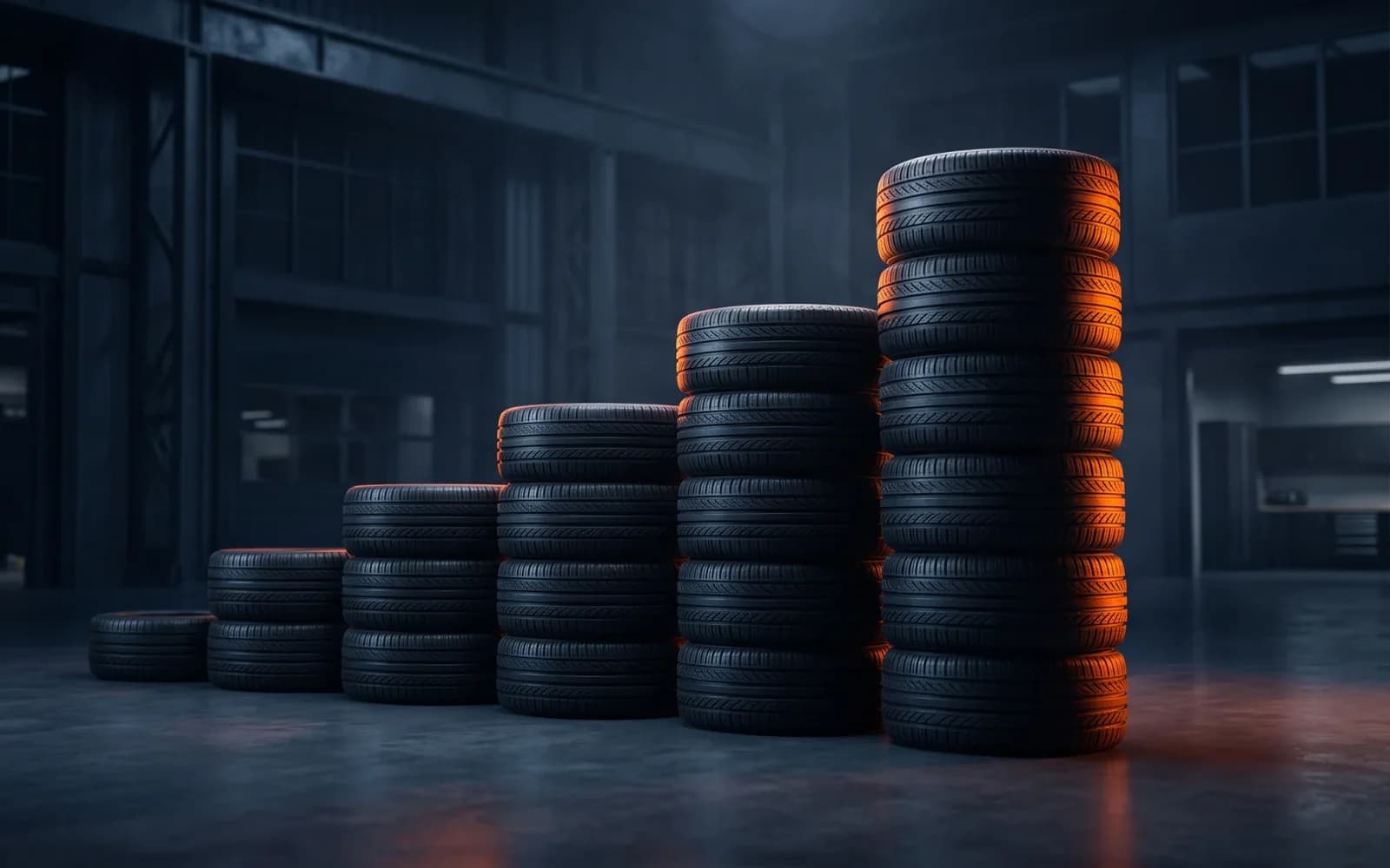 Fleet tire cost savings: tire stacks arranged like a rising bar chart
