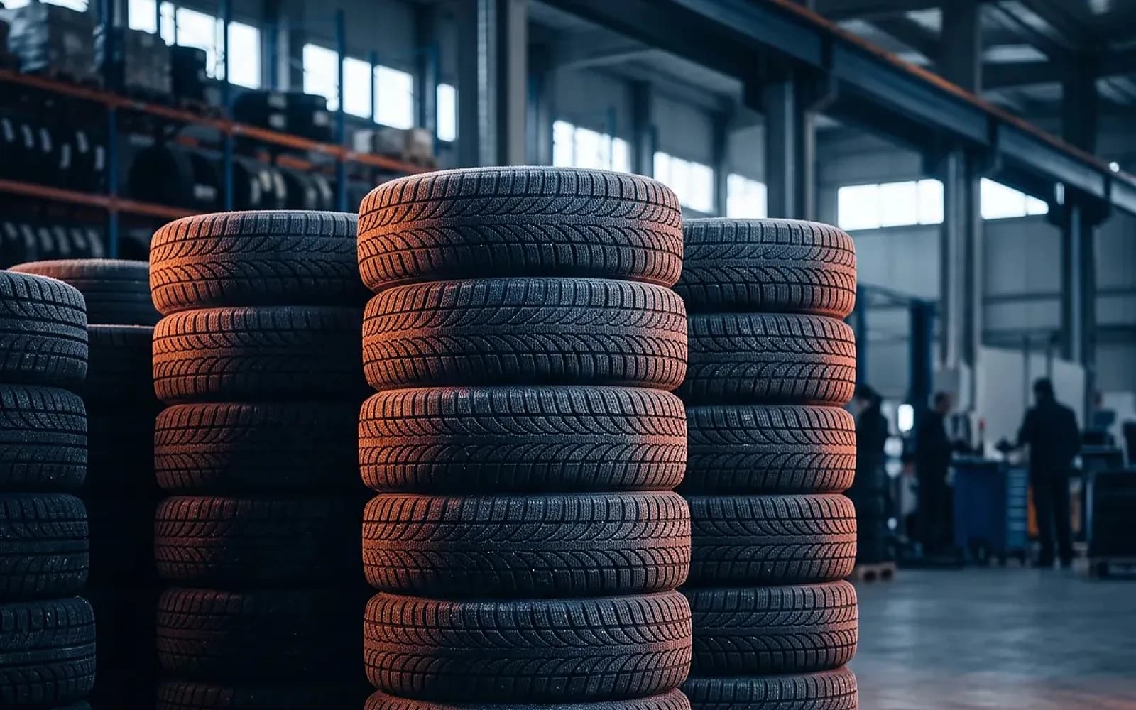 Winter tires with deep sipes stacked in a cool-lit, lightly frosted warehouse, their edges catching a soft orange accent light