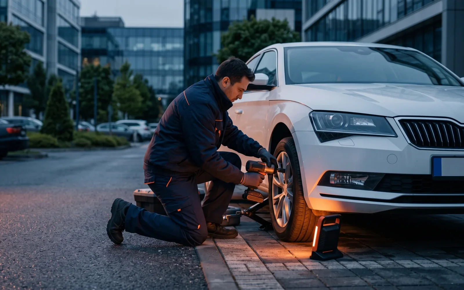 A Checklas valet taking the key of a corporate fleet vehicle for on-site tire service