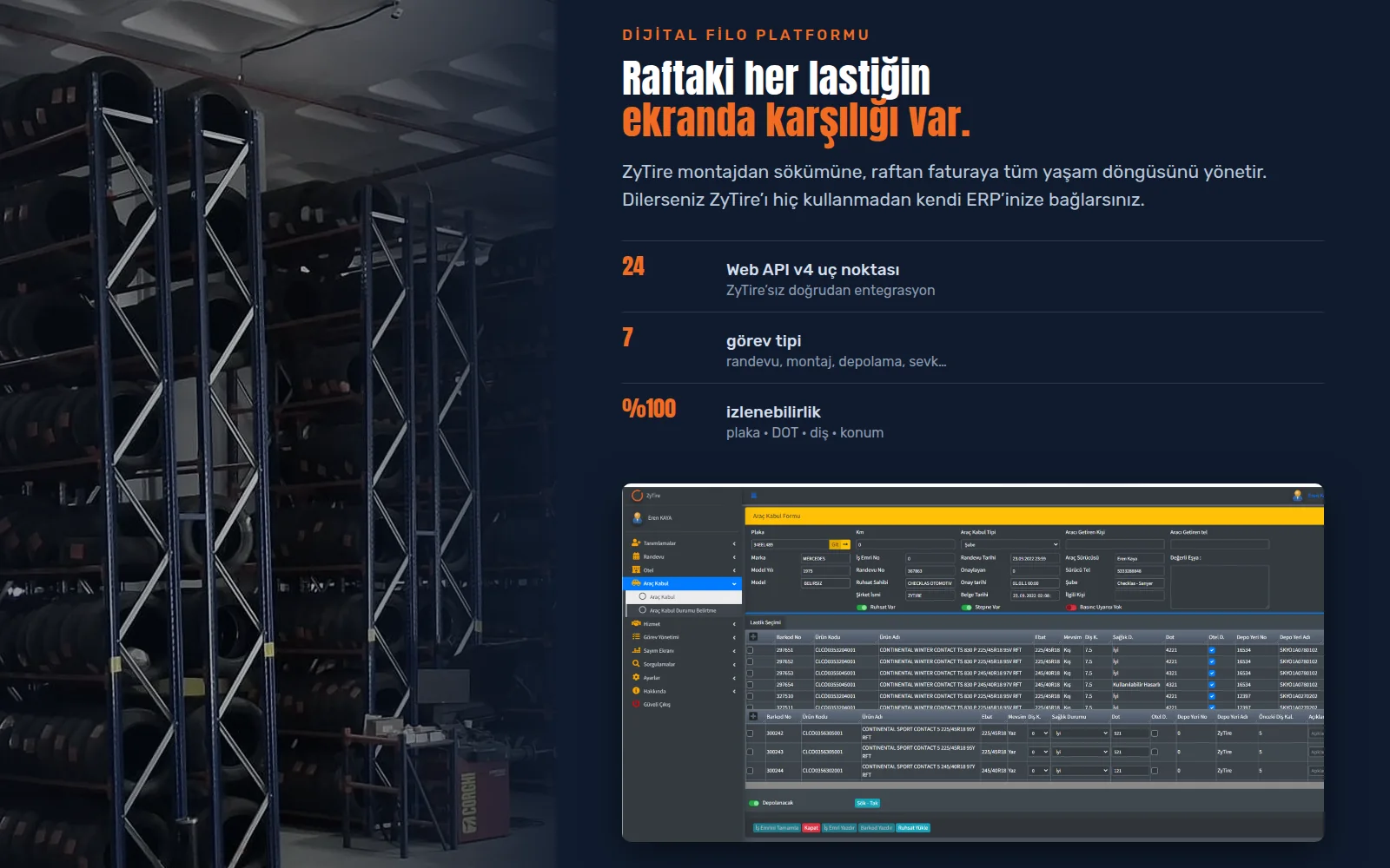 ZyTire filo lastik yönetim yazılımı ekranı ve Checklas lastik oteli rafları